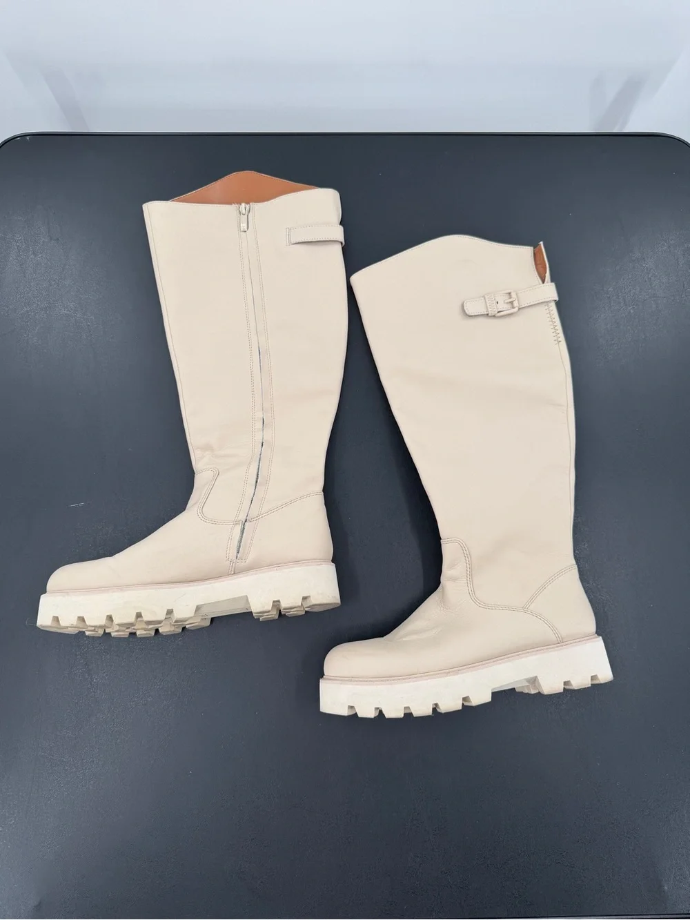 Franco Sarto Cream Knee High Lug Boots Moto Biker Light Goth Grunge Y2K size 8
